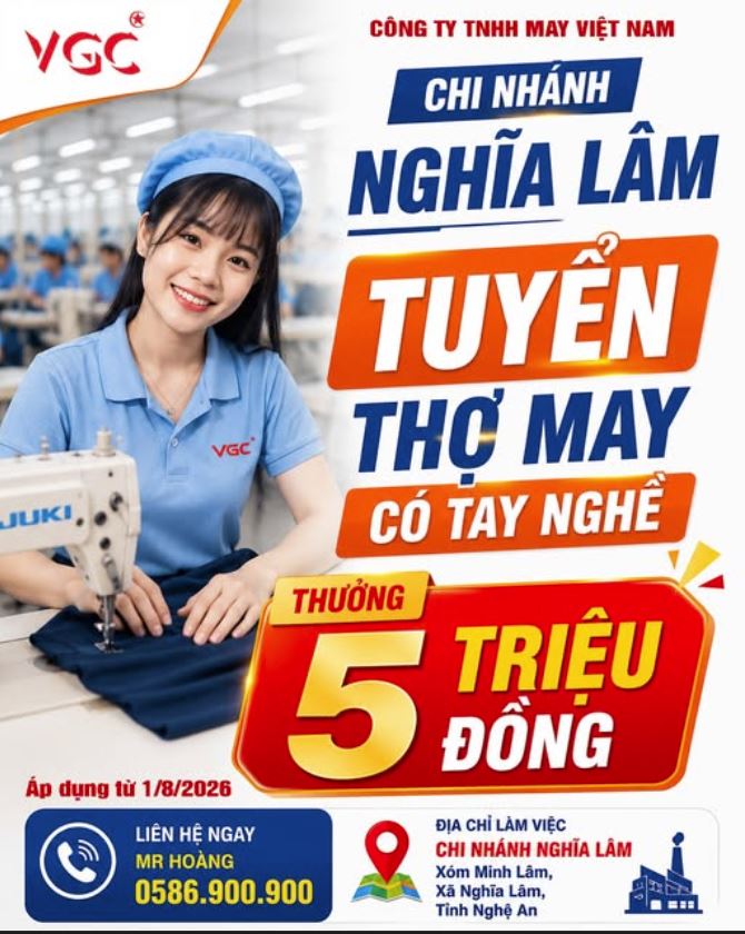Công ty tnhh may việt nam vgc tuyển công nhân may công nghiệp tại nghĩa lâm, nghệ an