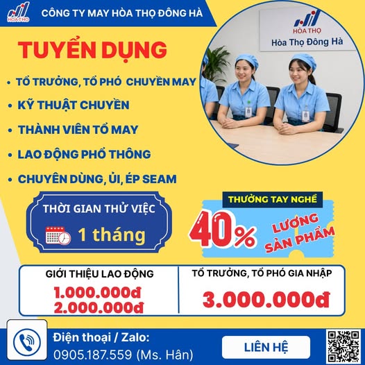 Tuyển dụng công nhân may – công ty may hòa thọ đông hà
