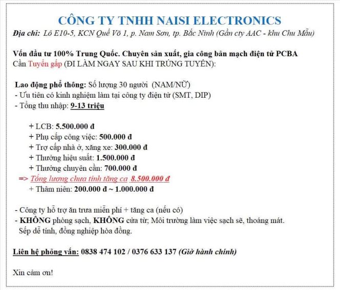 TUYỂN DỤNG CÔNG NHÂN SẢN XUẤT – CÔNG TY TNHH NAISI ELECTRONICS, BẮC NINH